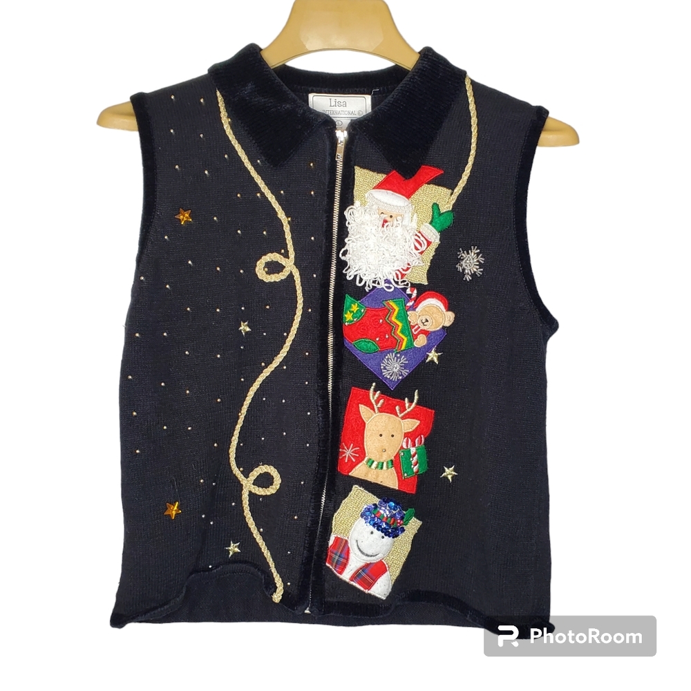 Vintage Lisa International fun cute ugly Christmas knit‎ vest bead santa large